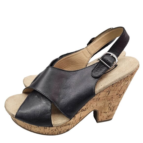 Denver Hayes Quad Comfort Women's Black Leather Cork Wedge Sandals Adjustable - Picture 1 of 9